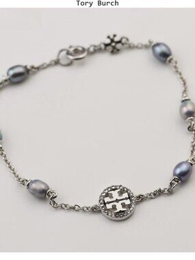 Tory Burch Silver Pearl Logo Bracelet - Silver and Gray